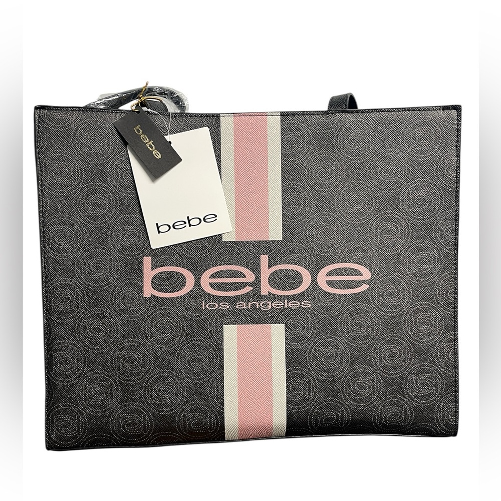 Bebe Tote Bag Laptop bag with Pouch Signature Monogram Black Pink NWT - Picture 2 of 8